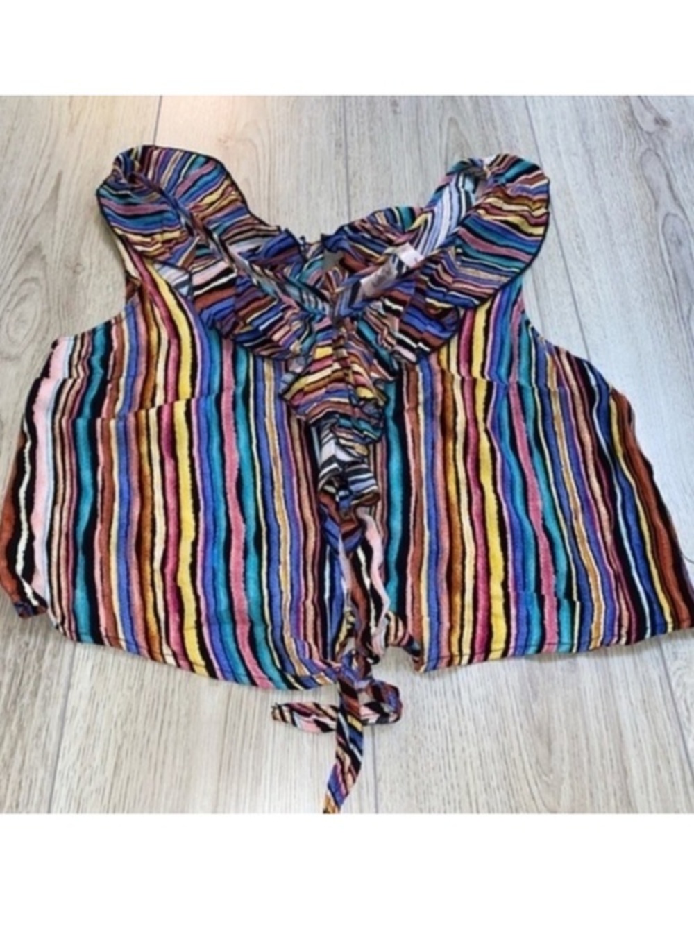 Willow and root Striped Ruffle Tie-Front Crop Tank in Multicolor